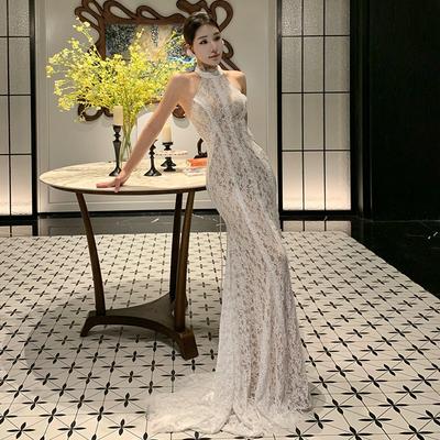 Autumn New French Lace Neck Trailing Evening Dress Skirt, High-end Temperament Backless Fishtail Dress
