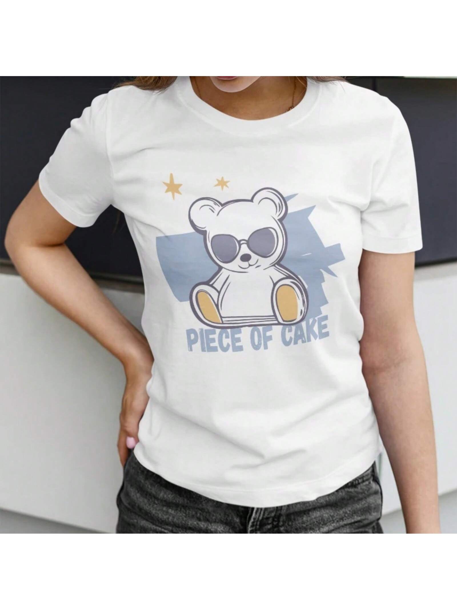 Wounisex s Summer Casual Short Sleeve T-Shirt With Cool Cartoon Teddy Bear Print And Piece Of Cake Quote S разноцветный