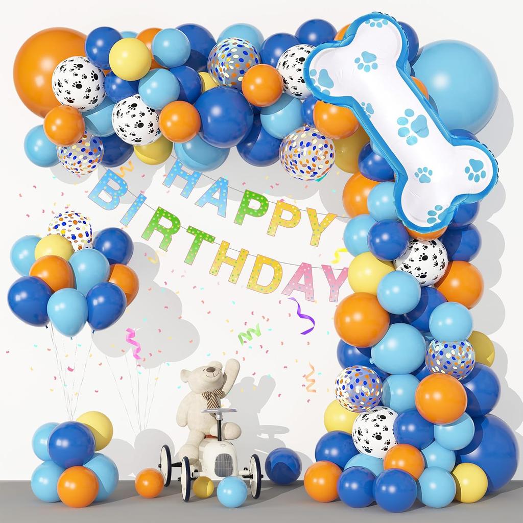 Ouddy Life 128Pcs Blue Balloons Garland Arch Kit, Blue Orange Bone Themed Birthday Party Supplies with Happy Birthday Banner Foil Paw Print Latex