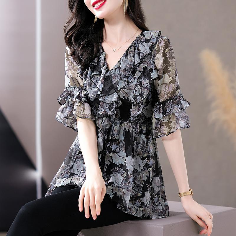 Camicia Nera Larga Stile Francese da Donna, Blusa Oversize in Chiffon Primavera Estate Mamma Top Scollo a V