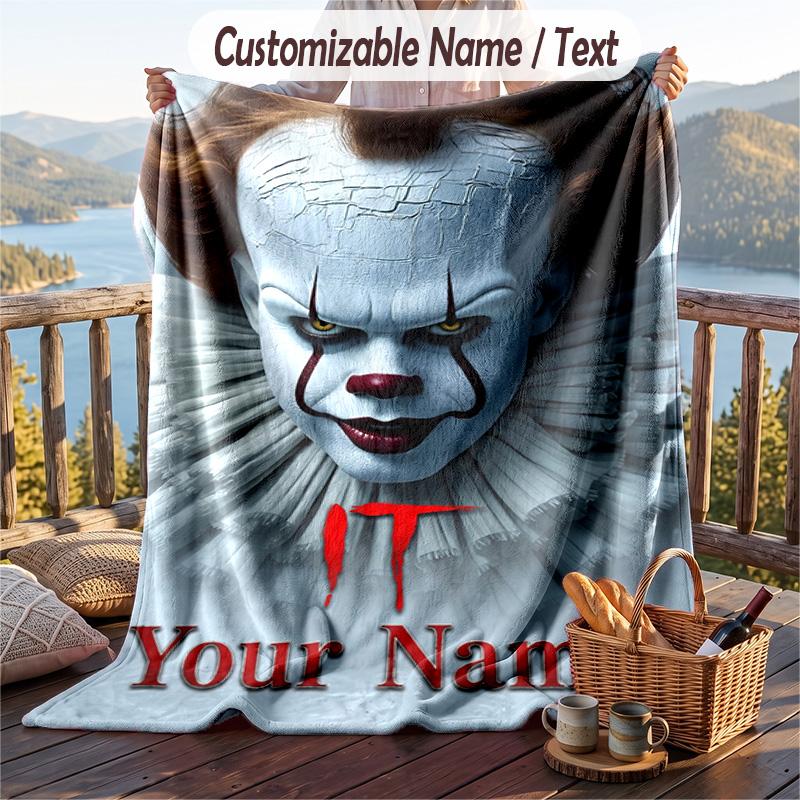Custom Text Flannel Throw Blanket, Lightweight Cozy Bed Sofa BlanketIT Pennywise