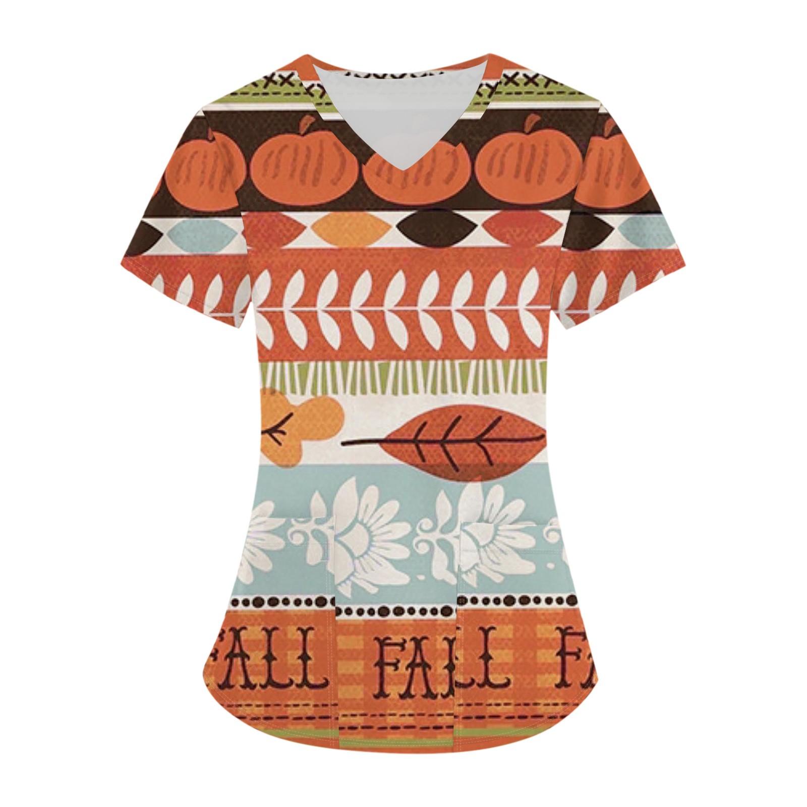 

Женская мода с v-образным вырезом, короткими рукавами и карманами, топы с принтом L