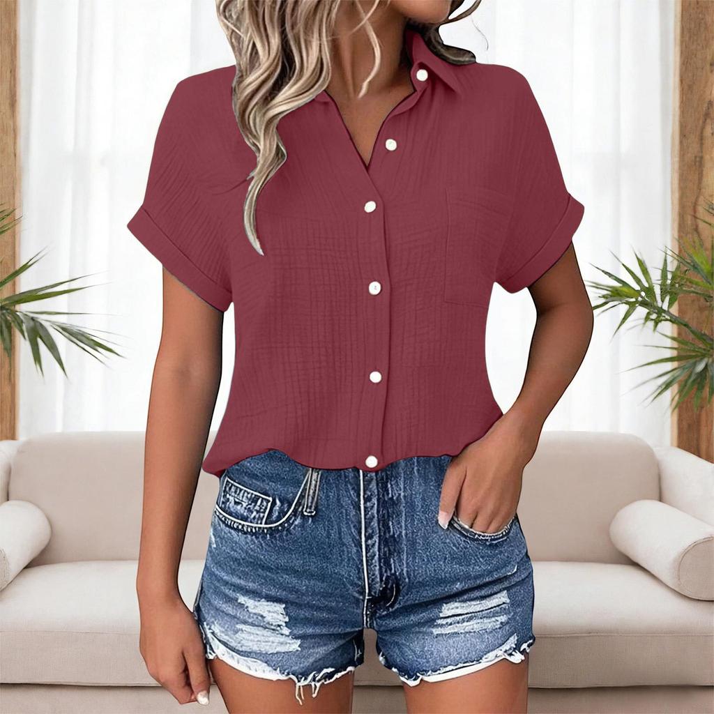 Women's Point Collar Short Sleeve Blouse Straight Fit Streetwear Button Down Shirt Solid Color Casual Summer Top 2026 European Fashion Blouse
