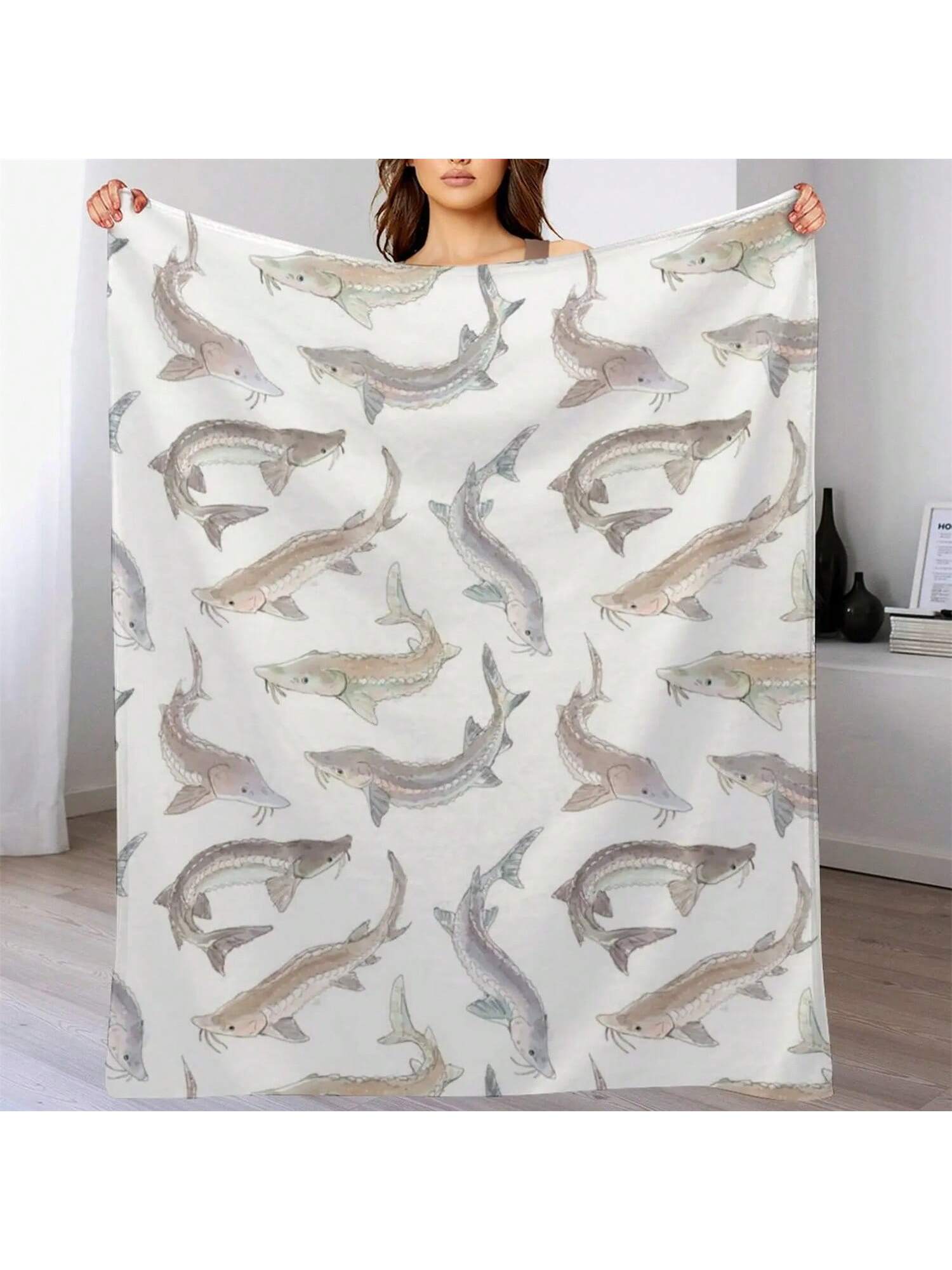 Watercolor White Sturgeon Throw Blanket Furry Cosplay Anime Flannel Fabric Manga Blankets 75X95CM