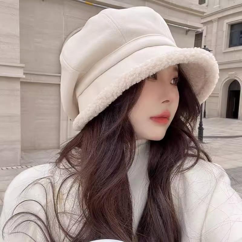 Autumn and Winter Hats Women's Fisherman's Hat Plus Velvet Japanese Style Cold Proof Ear Protection Basin Hat Casual Lamb Wool Octagonal Beret