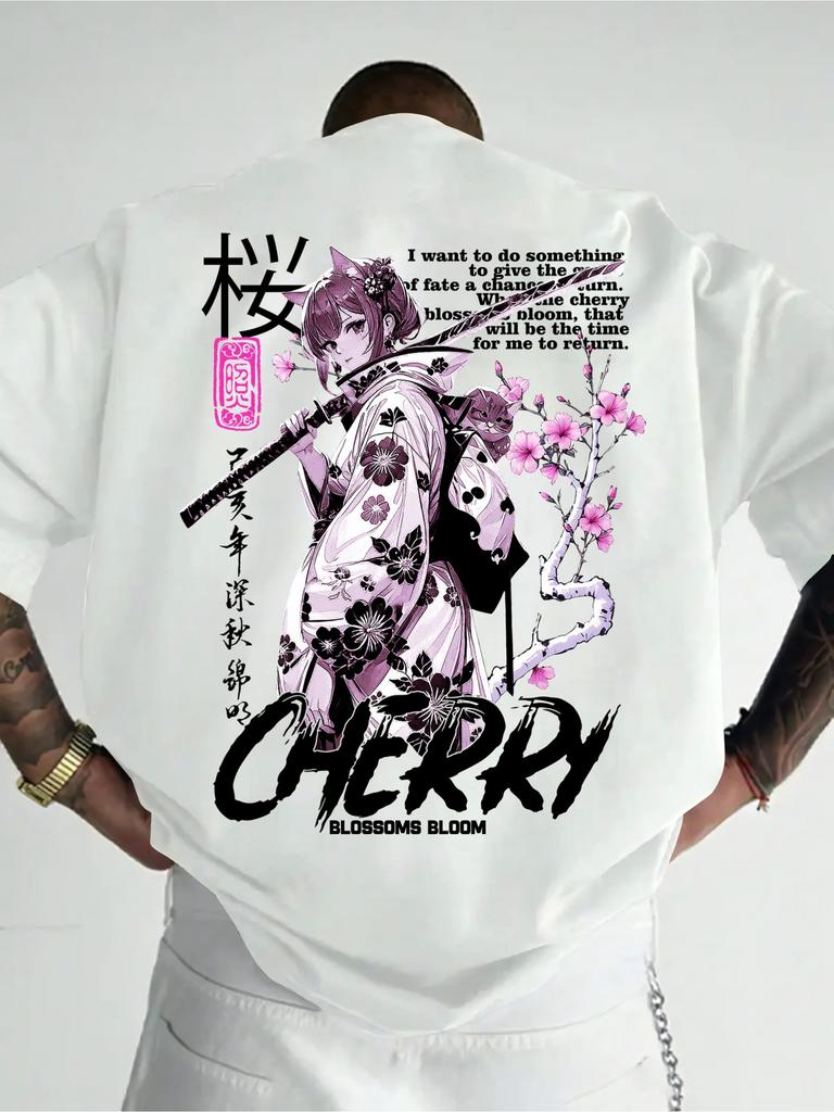 Japanese Style Anime Cherry Blossom Graphic Tee Casual Tops 100 Cotton Unisexs Tshirt Summer Breathable Comfortable Streetwear