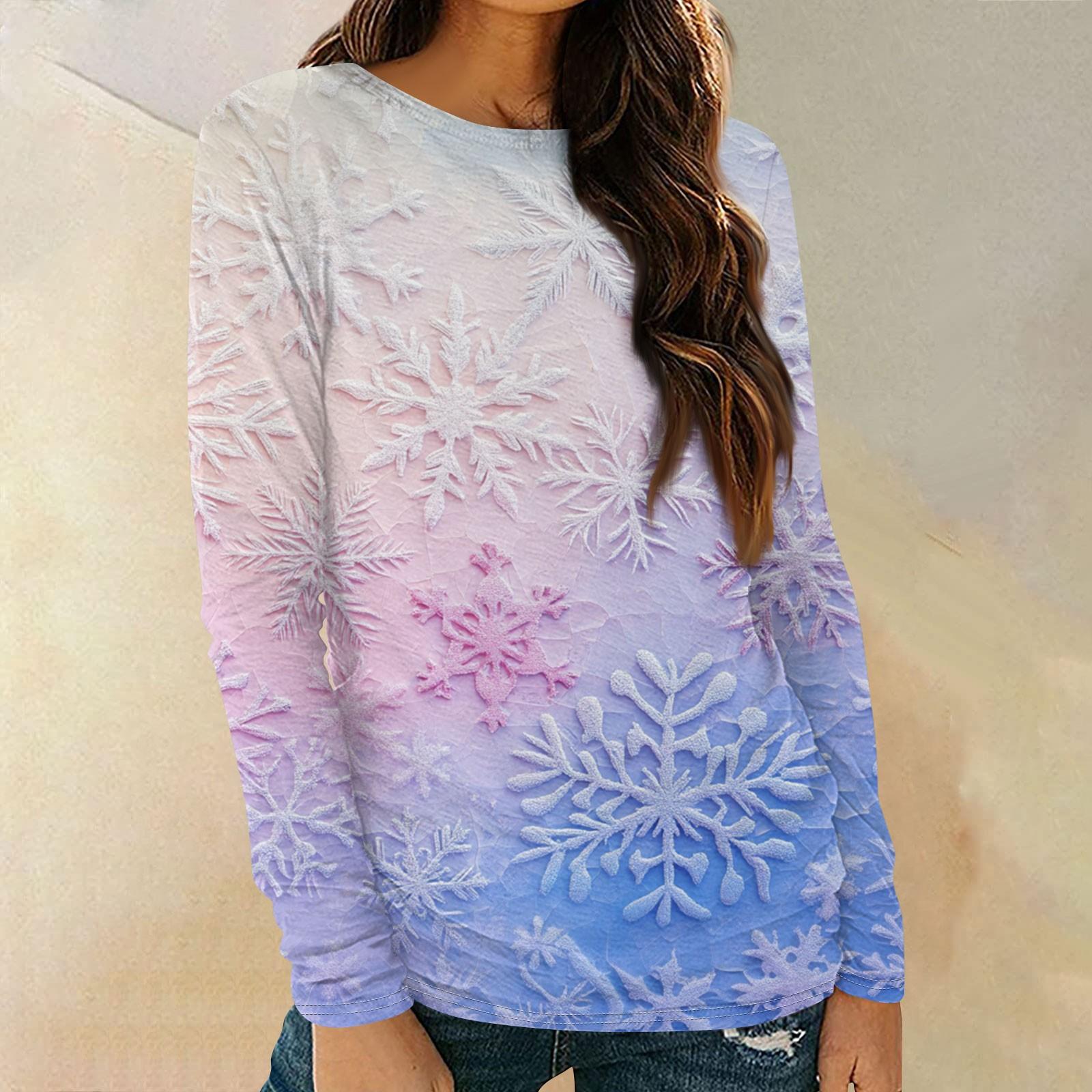

Женские рубашки с длинным рукавом и круглым вырезом, повседневные топы, туники с рождественским принтом, свободные футболки XL светло-фиолетовый