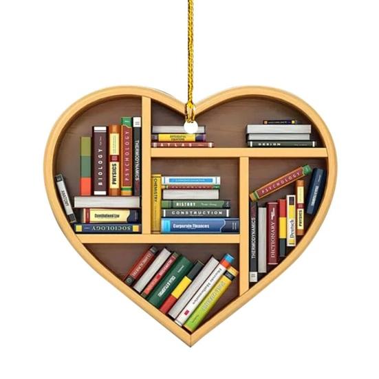 Heart Shaped Christmas Ornament Acrylic Bookshelf Xmas Tree Hanging Decorations 2D Flat Printed Book Gifts for Book Lovers