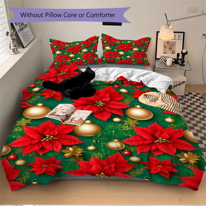 3pcs Christmas Poinsettia Bedding Set, Breathable and Soft, Suitable for Bedroom Decor (1*Duvet Cover + 1/2*Pillowcases, No Core) Yy250821154