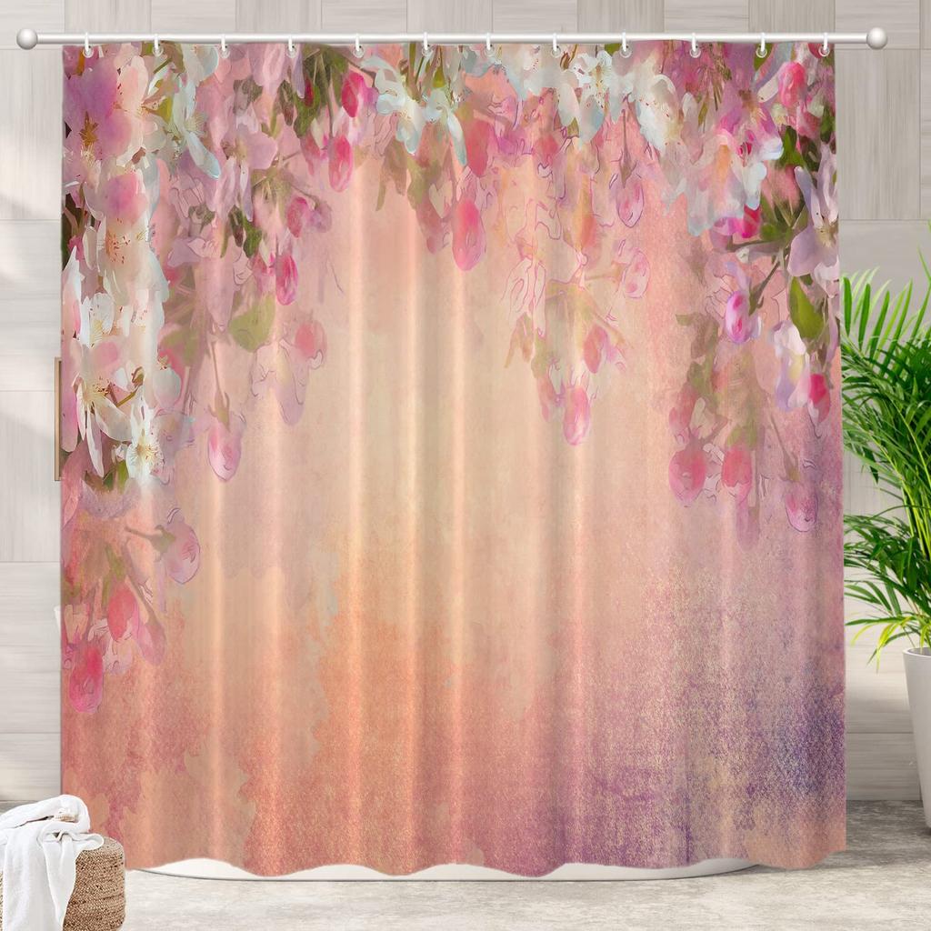 Kirschblüten Vintage Duschvorhang, Aquarellblüten Blühender Japanischer Kirschbaum Rosa Blüte Wasserdichte Badezimmer Vorhänge