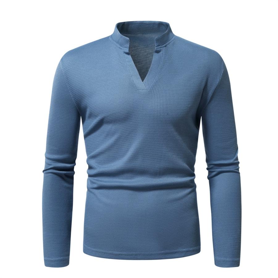 

Fashion Waffle T Shirt Men 2026 Autumn New Slim Fit Long Sleeve Henley Tshirt Men Streetwear Casual Solid Color T-Shirt 2XL джинсовий синього кольору