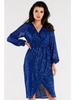Asymmetrical Sequin Dress with Wrap Neckline and Long Sleeves, Cobalt Blue Size S