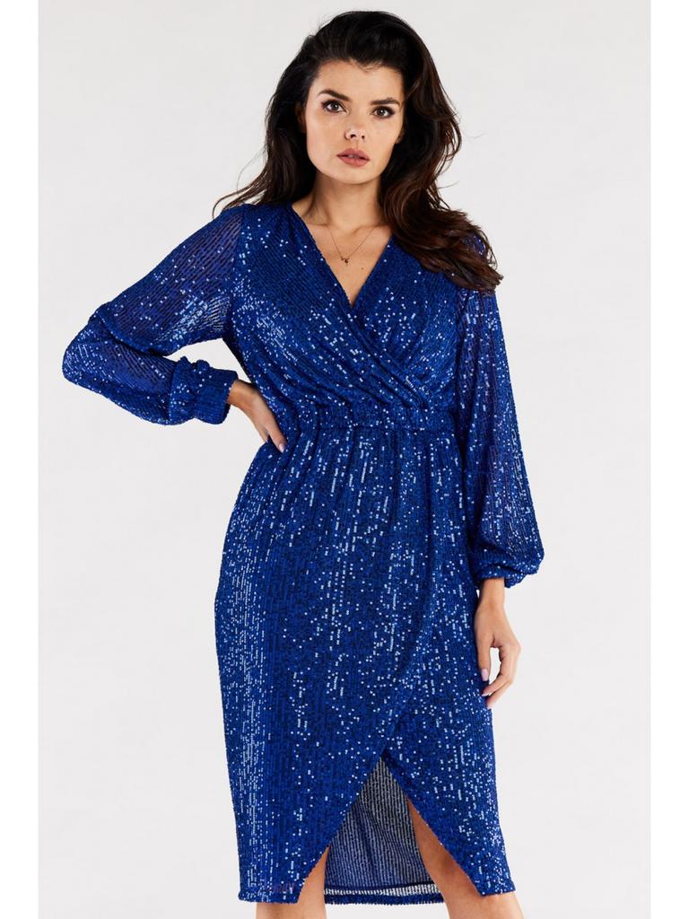 Asymmetrical Sequin Dress with Wrap Neckline and Long Sleeves, Cobalt Blue Size S