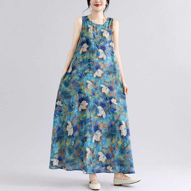 Senza maniche Taglie forti Cotone vintage Floreale Novità in abiti da donna casual abito lungo estivo ampio