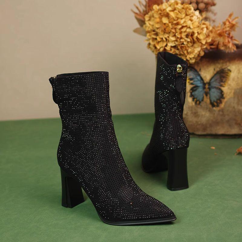

Designer Brand Full-diamond High-heeled Ankle Boots New Winter Thick-heeled Water Diamond Diagonal Zipper Black High Heels 34 чёрный