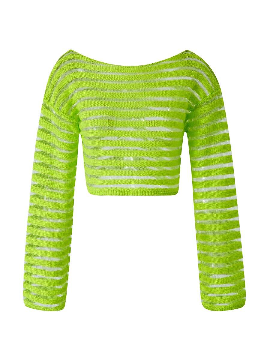 Women s Summer Knitted Crop Tops Long Sleeve O Neck See Through Striped Knitwear L зелёный