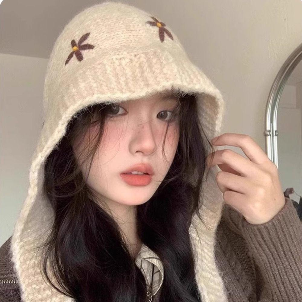 Woolen Neck Collar Beanies Cap Embroidered Flowers Pullover Cap Cute Knitted Balaclava Hat Female