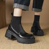 Krazing Pot Microfiber Autumn Winter Shoes Thick High Heels Thick Bottom Size 43 Motorcycle Boots Stretch Knitwear Ankle Boots