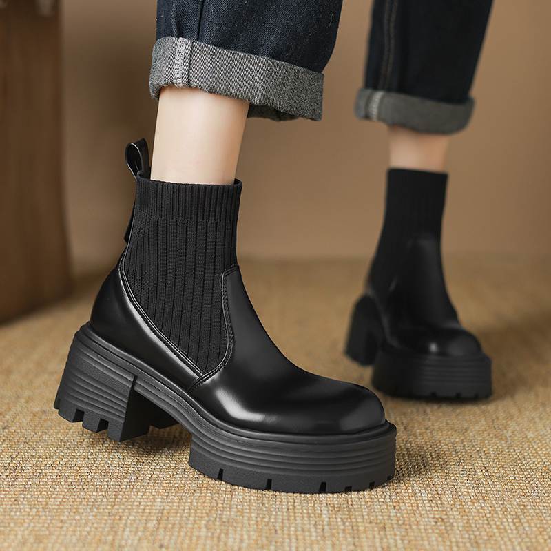 Krazing Pot Microfiber Autumn Winter Shoes Thick High Heels Thick Bottom Size 43 Motorcycle Boots Stretch Knitwear Ankle Boots