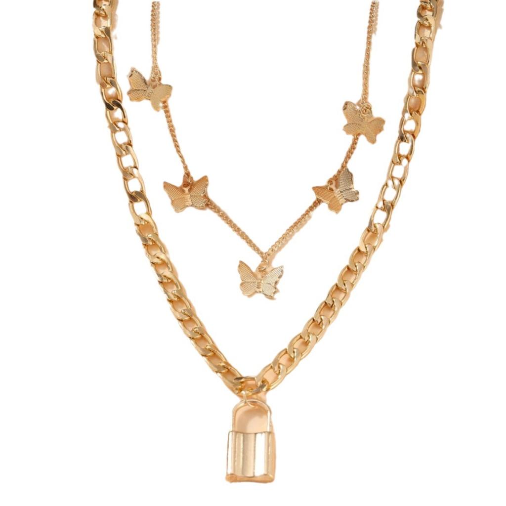 New Personalized Golden Butterfly Pendant Necklace, Creative Lock Pendant Stacked with Multi-layer Collarbone Chain for Women