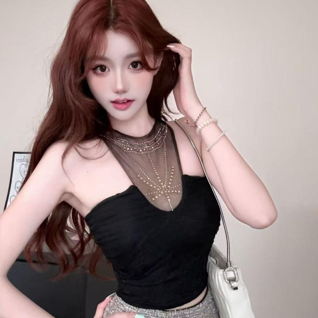 Summer New Pure Desire Wind Hot Diamond Mesh Splicing Neck Vest Women's Off-the-shoulder Design Slim and Thin Short Top