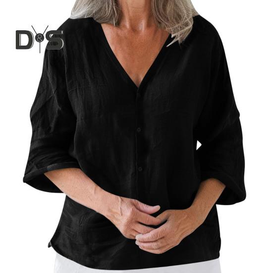 Dámská košile volného střihu s výstřihem do V a 3/4 rukávy, letní top se zapínáním na knoflíky, jednobarevné ležérní tričko pro každodenní nošení