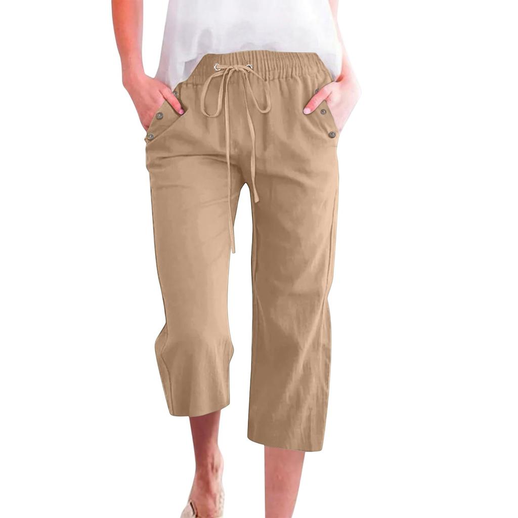 Women's Summer Elastic Lace-up Color Button Decoration Cotton And Linen Loose Cropped Pants