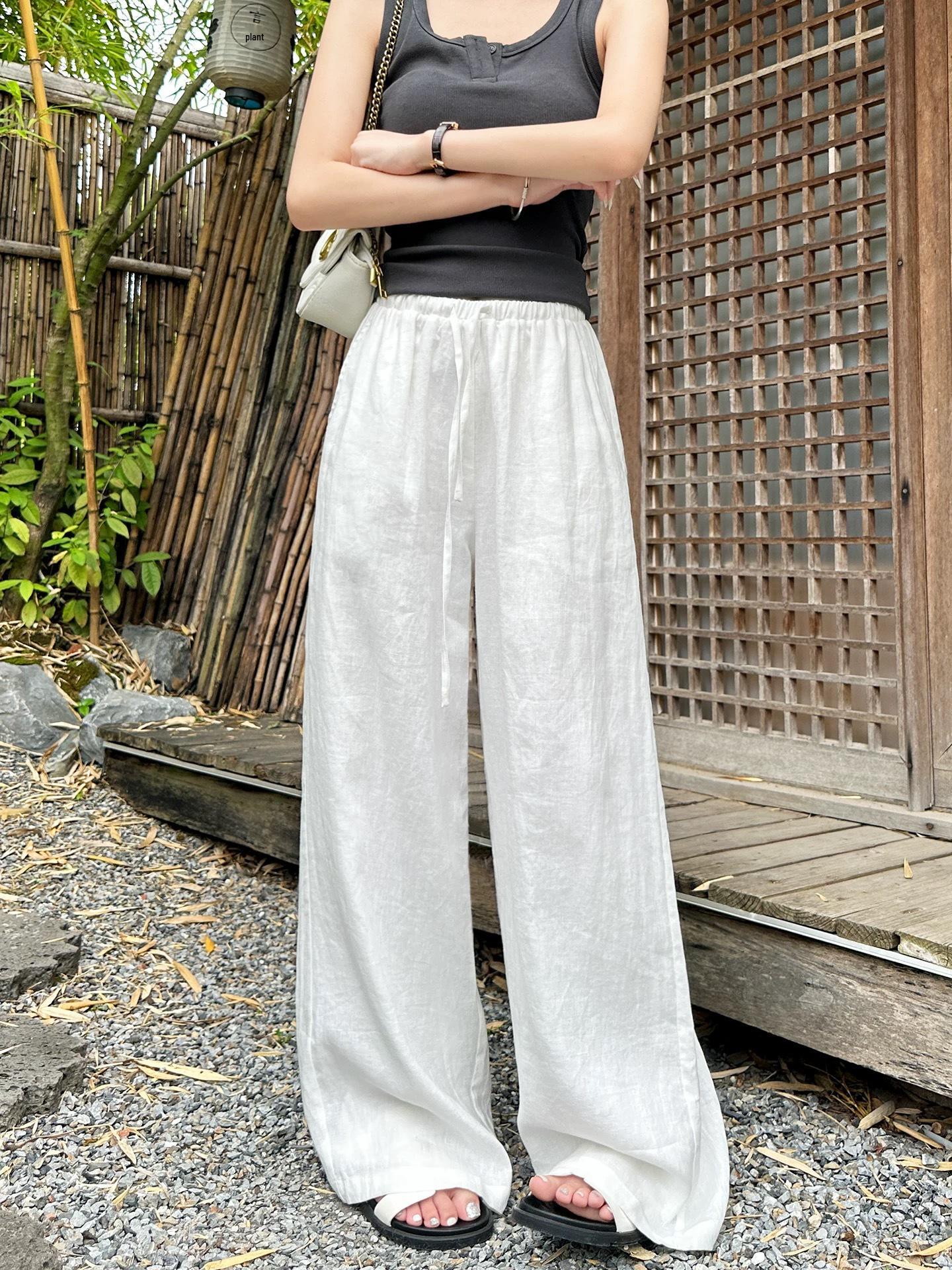 Women s High-Waisted White Linen Wide-Leg Pants, Summer Breathable Cotton Blend, Old-Money Style. Medium