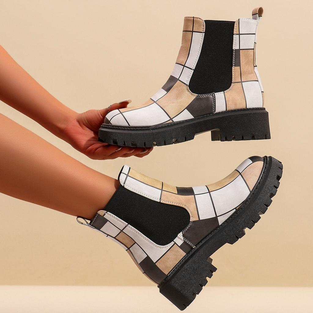 Fashion 2025 Women's Pattern Chelsea Boots Spring Autumn Thick Heel Round Toe Square Heel Thick Sole Comfortable Ankle Boots