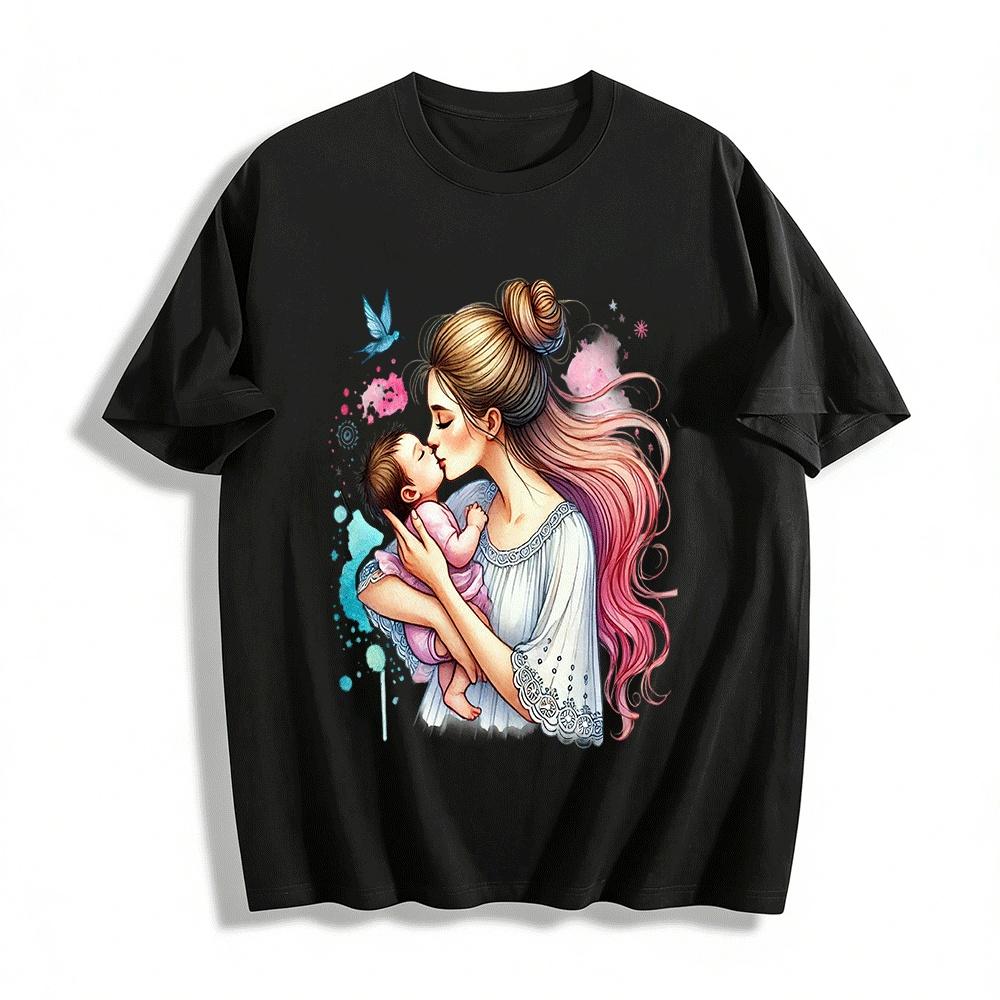 Mother And Baby Kissing Print Casual Short Sleeve T-Shirt Pure cotton T-shirt XXS