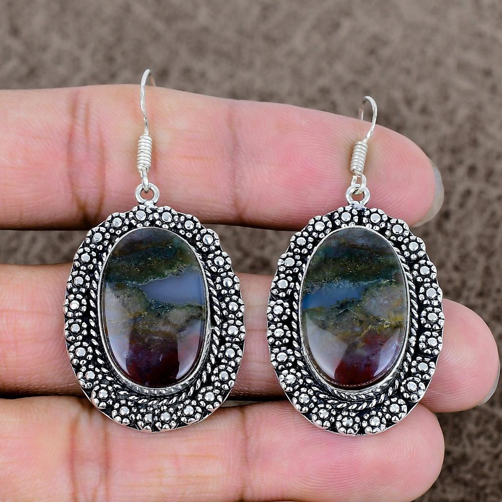 Bloodstone Gemstone Handmade 925 Sterling Silver Jewelry Earring 2.13" KKG-661