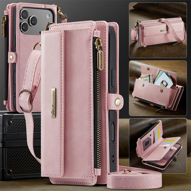 CaseMe Flip Leather Phone Case for iPhone 17 Pro Max Air 16 Plus 16E 15 14 13 Mini 12 11 X XS XR SE 2022 8 Long Lanyard Zipper Wallet Multi Card Cover