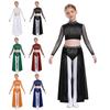 Mädchen Lyrical Tanzkostüm Set Stehkragen Langarm Glänzende Strasssteine Crop Top Durchsichtiger Netzrock