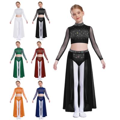 Girls Lyrical Dance Costume Set Mock Neck Long Sleeve Shiny Rhinestones Crop Top Sheer Mesh Skirt
