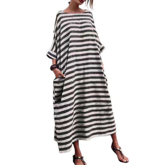 

Мешковатое платье длиной до щиколотки, дышащее очаровательное женское платье в полоску из хлопка и льна, повседневная одежда 2XL чёрный