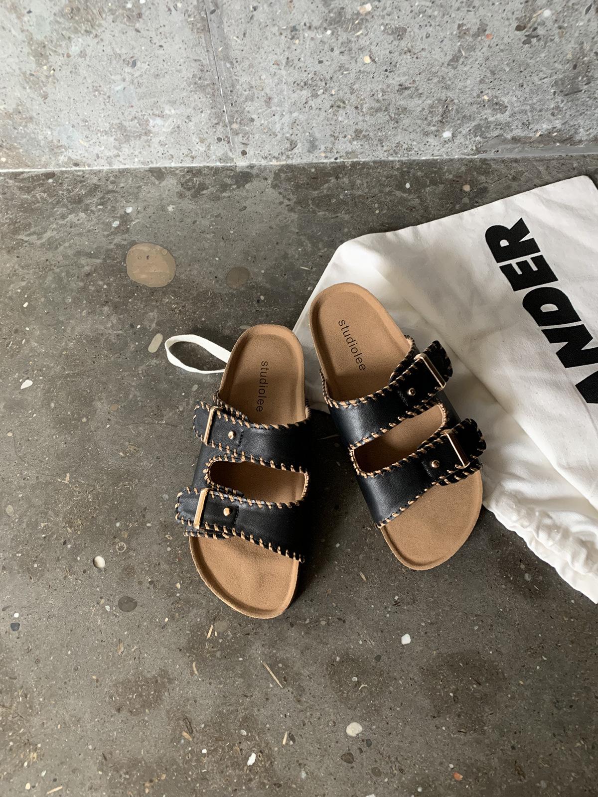 

Shoes retro hand-stitched buckle with white lazy pedal Birkenstocks slippers 40