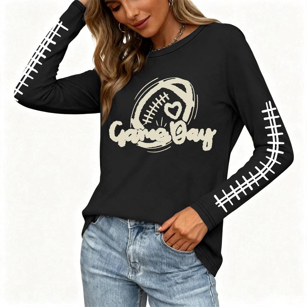 Women's Fashion Long Sleeve Neck Top with Rugby Graphic Print and Slit Hem
