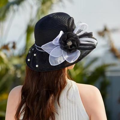 Damen Retro Organza Sonnenhut - Vielseitige zweifarbige Krempe mit europäischem & amerikanischem Sommerstil Blumenmuster