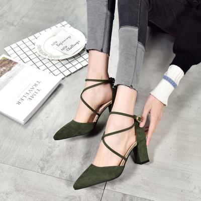 2025 Spring New Straps One-word Buckle Single Shoes European and American Pointed Thick Heel Cross Straps High Heel Sexy Women's Shoes