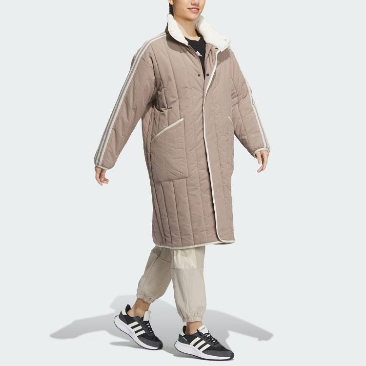 adidas Wygodna wyściełana kurtka z trzema paskami, blok kolorów, długa, sportowa, casualowa, bawełniana kurtka, płaszcze damskie, różowa, brązowa, IL8953