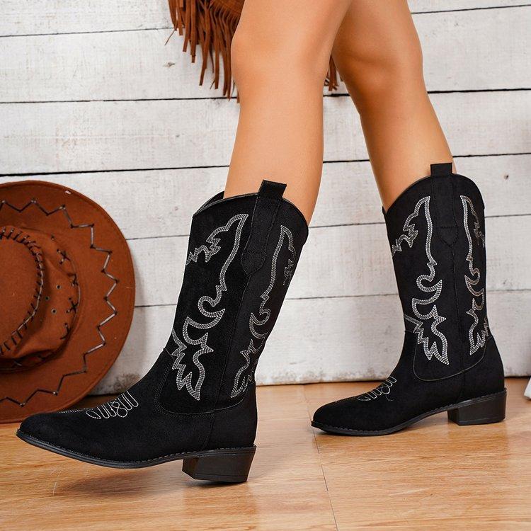 Vintage Embroidered V-Mouth Martin Boots Women'S Autumn And Winter Thick Heel Medium Tube Knight Boots Western Cowboy Women'S Boots