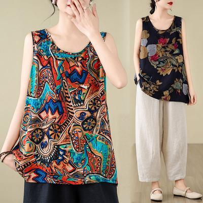 Oversized Women's Top Tank Printed Round Neck Sleeveless T-shirt Loose Slimming Base Shirt