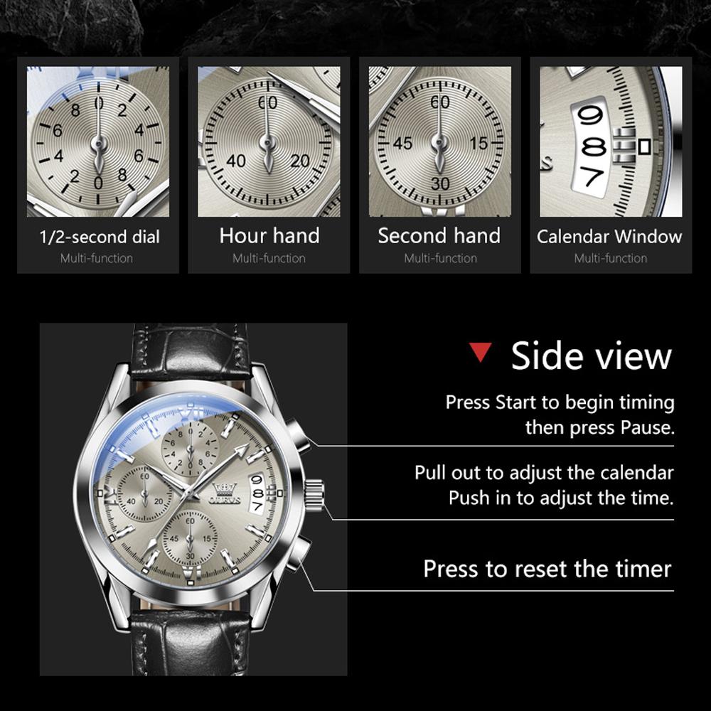 OLEVS Men Leather Quartz Watches Waterproof Wristwatches Men Sports Chronograph with Luminous Pointers Watches for Men
