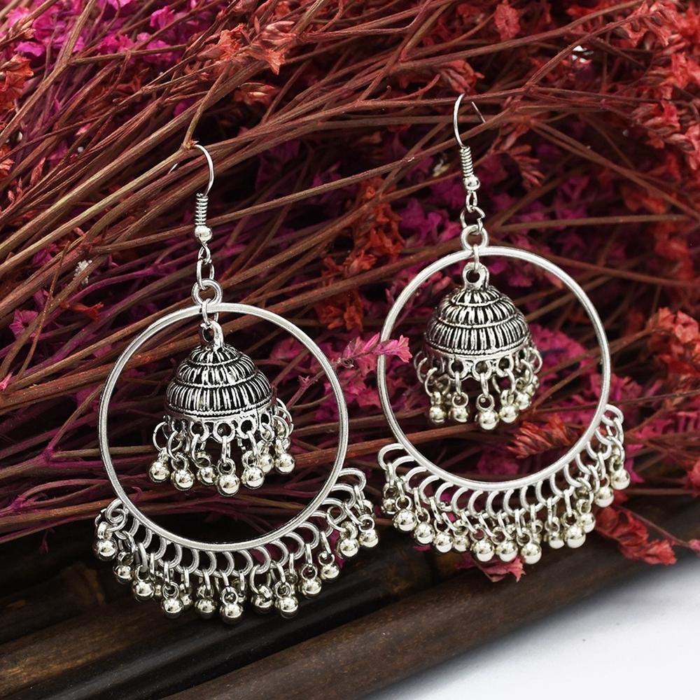 Boho Etnické Retro Starožitná Zlatá Barva Slitina Kruh Ptačí Klec Korálky Zvonky Třásně Indické Jhumka Náušnice Pro Ženy Doplňky