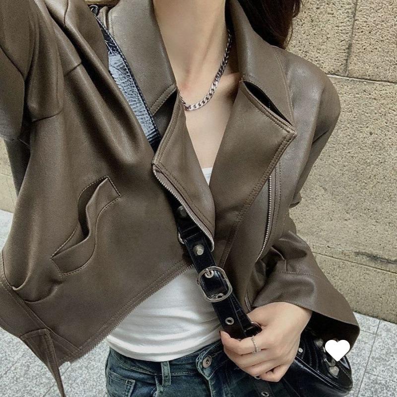 Lapel Short Leather Jacket Women s Plush Spring and Autumn New High-end Sense Locomotive Fried Street Small Leather Jacket S