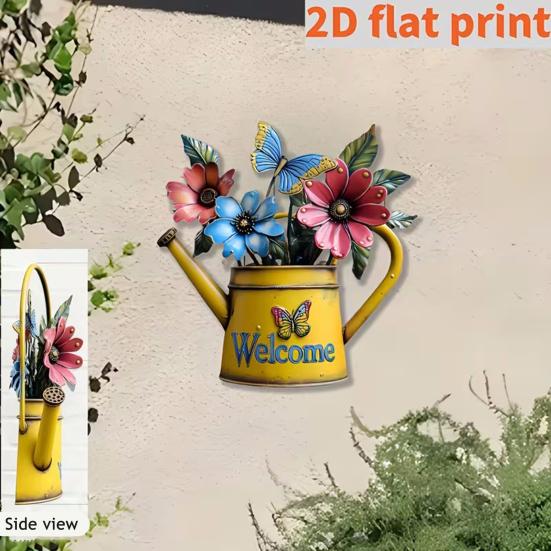 Garden Gifts for Gardening Lovers Rustic Metal Watering Can Wall Art, Flower Butterfly Welcome Sign, Farmhouse Pastoral Style Hanging Decor Iron Porch