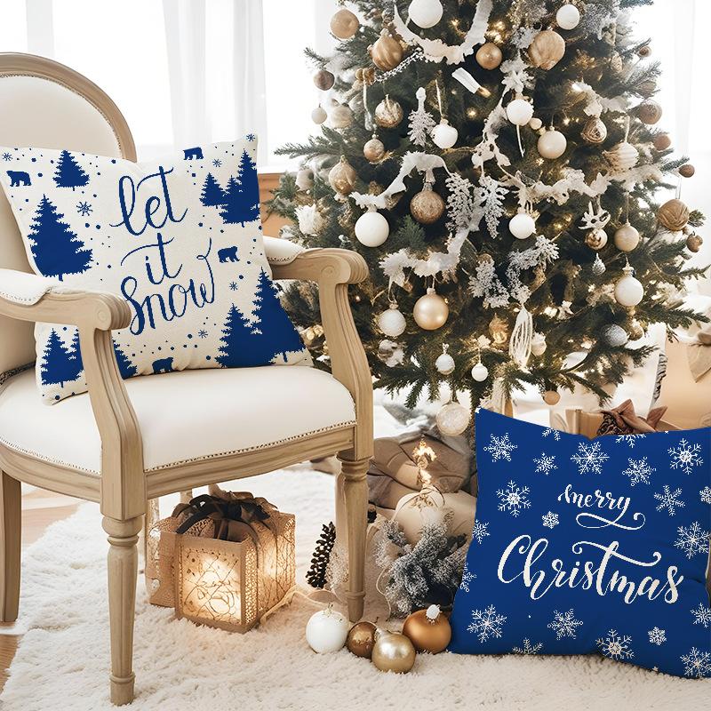 New Blue Deer Christmas Pillowcase Linen Printed Pillowcase Festive Indoor Sofa Decoration Cushion Cover