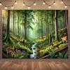 Serene Sunlit Forest Tapestry, Misty Woodland with Spotted Deer, Ferns and a Gentle Stream, Calming Nature Wall Art