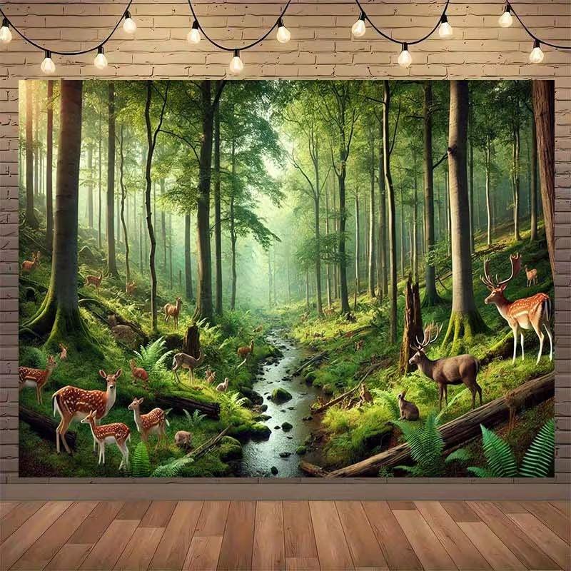 Serene Sunlit Forest Tapestry, Misty Woodland with Spotted Deer, Ferns and a Gentle Stream, Calming Nature Wall Art