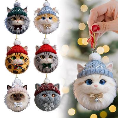 2D Acrylic Cat Dog Rabbit Hanging Pendents Plush Pet Shaped Ornament Christmas Tree Cozy Winter Animal Charm Knitted Hat Decor